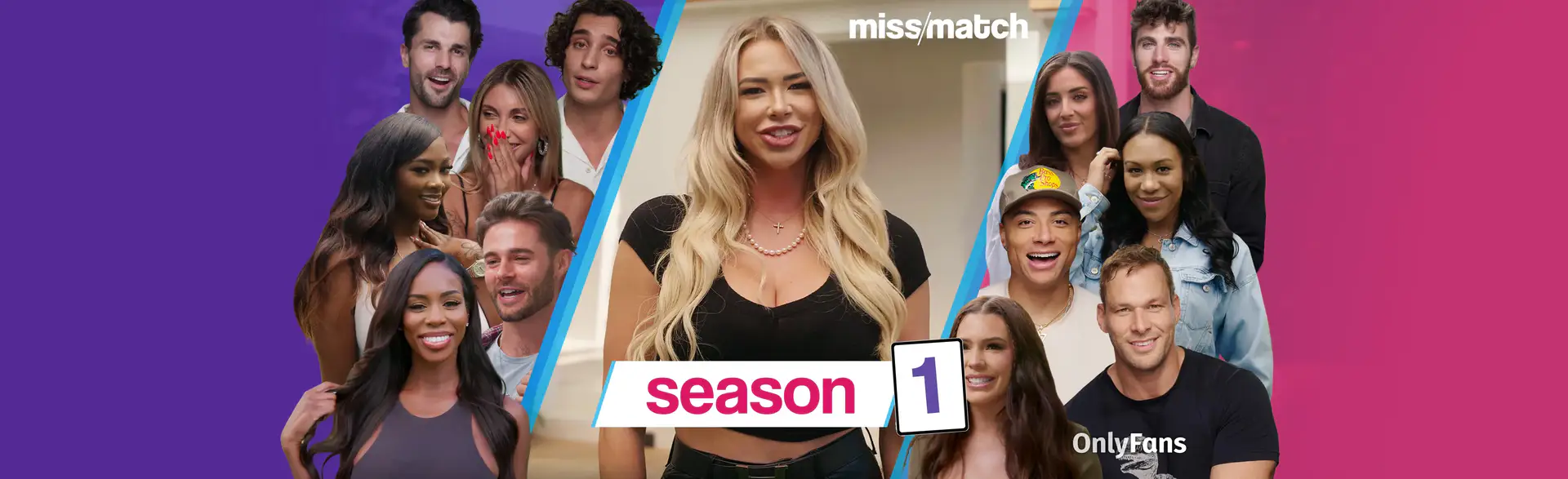 Miss/Match Season One Recap Header — Host Antje Utgaard stands in the middle of a collage of the 12 OnlyFans creators looking for a match on Miss/Match Season One