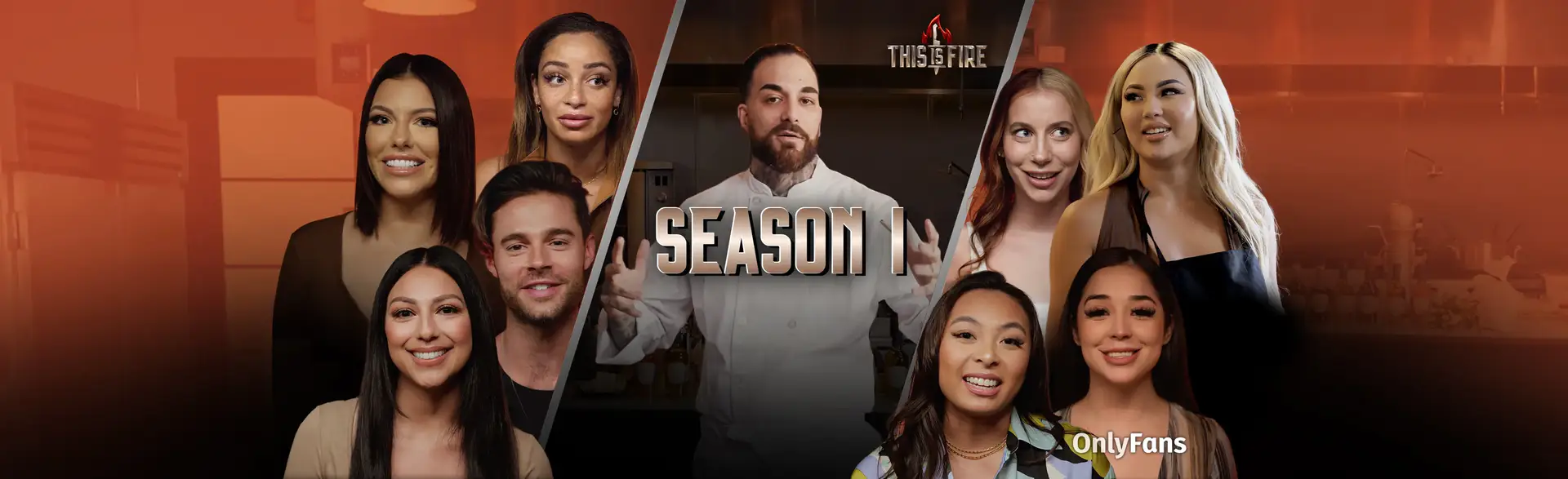 TIFS1_Banner_AllScreenSizes_3532x1080 V3 This Is Fire Season One Recap Header — Chef Jojo surrounded by 8 competitors from season one