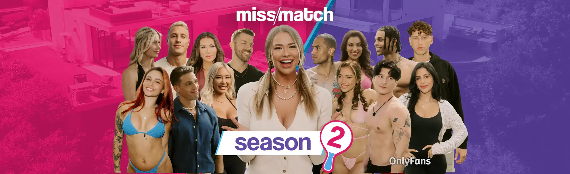 NEWMMS2Recap_Banner_AllScreenSizes_3532x1080 Miss/Match Season Two Recap Header — Host Antje Utgaard Stands in the Middle of a collage of 14 OnlyFans creators looking for a match