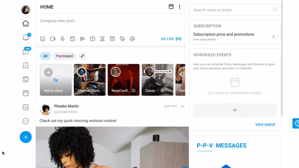 Animated demo showing how to go live on OnlyFans: Select 'New Post', select 'Go Live'