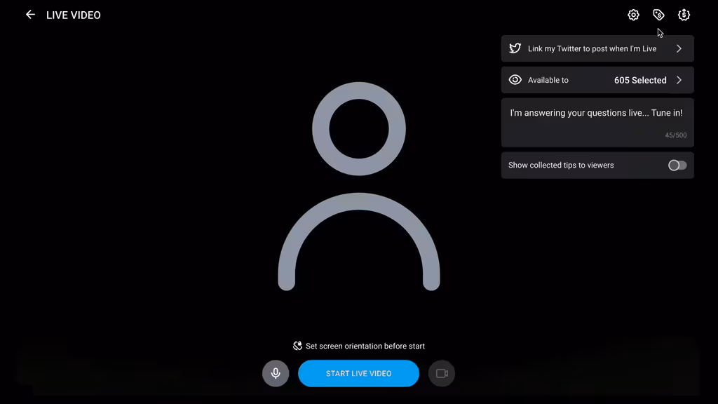 Animated demo showing how to go live on OnlyFans: PPV price, add a tip goal, and hide or show collected tips