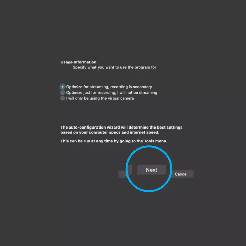 Going Live on OnlyFans with OBS — Follow the Default Settings and Press 'Next'