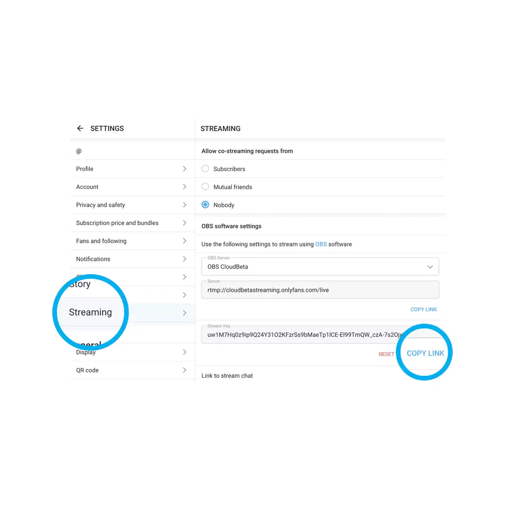 Go Live on OnlyFans with OBS — Image of where you can find your Stream Key on your OnlyFans settings