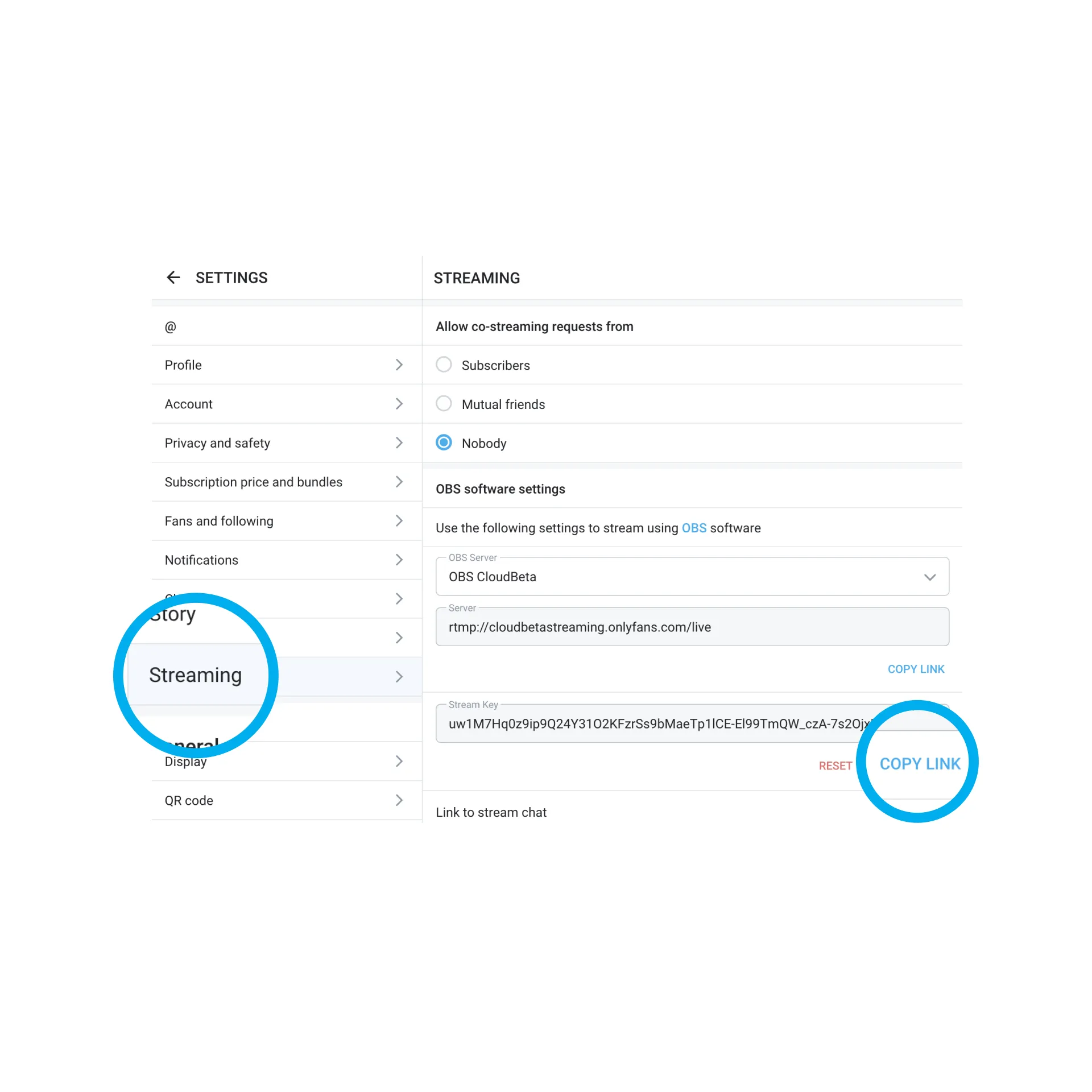 Go Live on OnlyFans with OBS — Image of where you can find your Stream Key on your OnlyFans settings