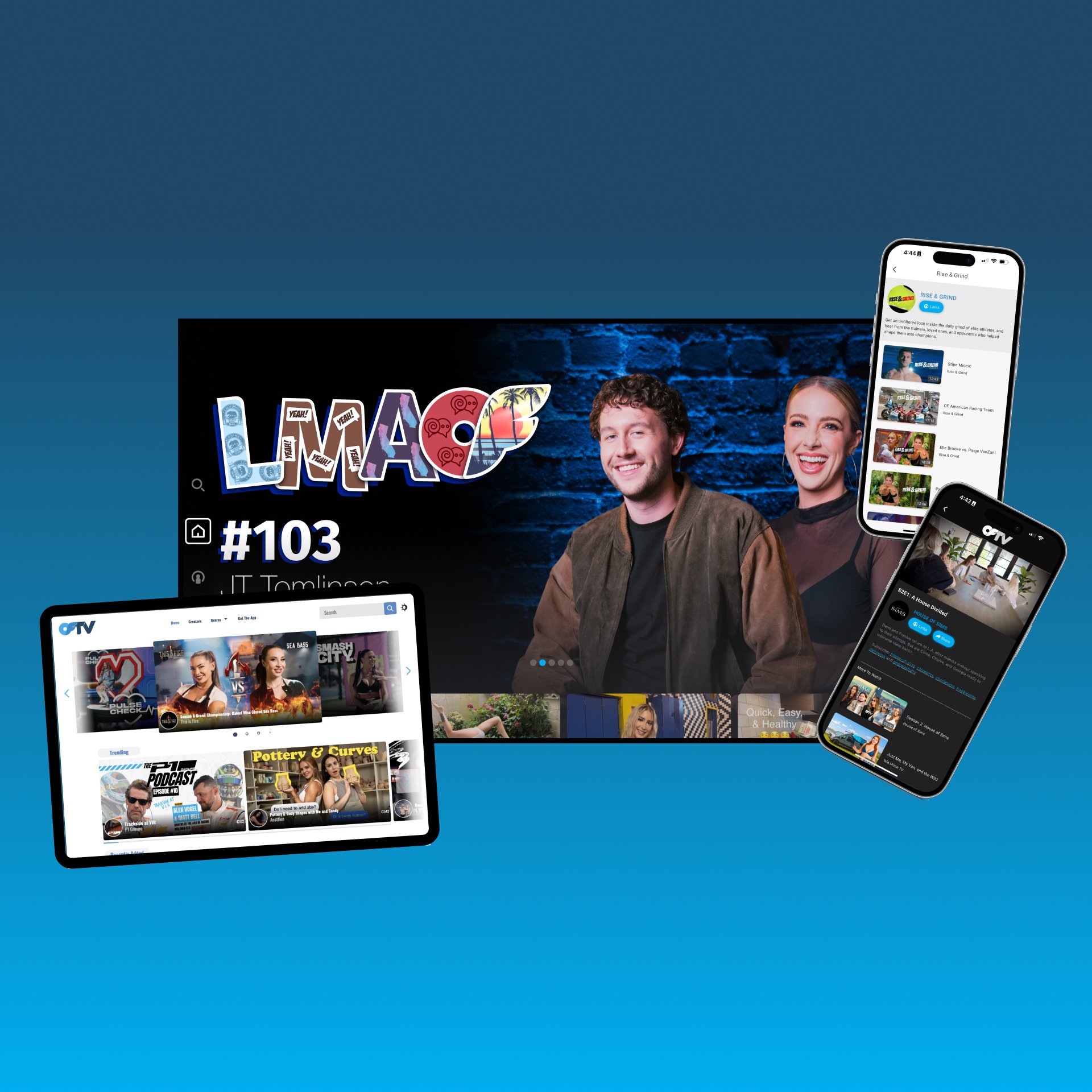OriginalSeries_AllScreenSizes_1920x1920 What Is OFTV Original Series graphic — featuring a screenshot of an LMAOF episode thumbnail and the OFTV user experience on mobile and web