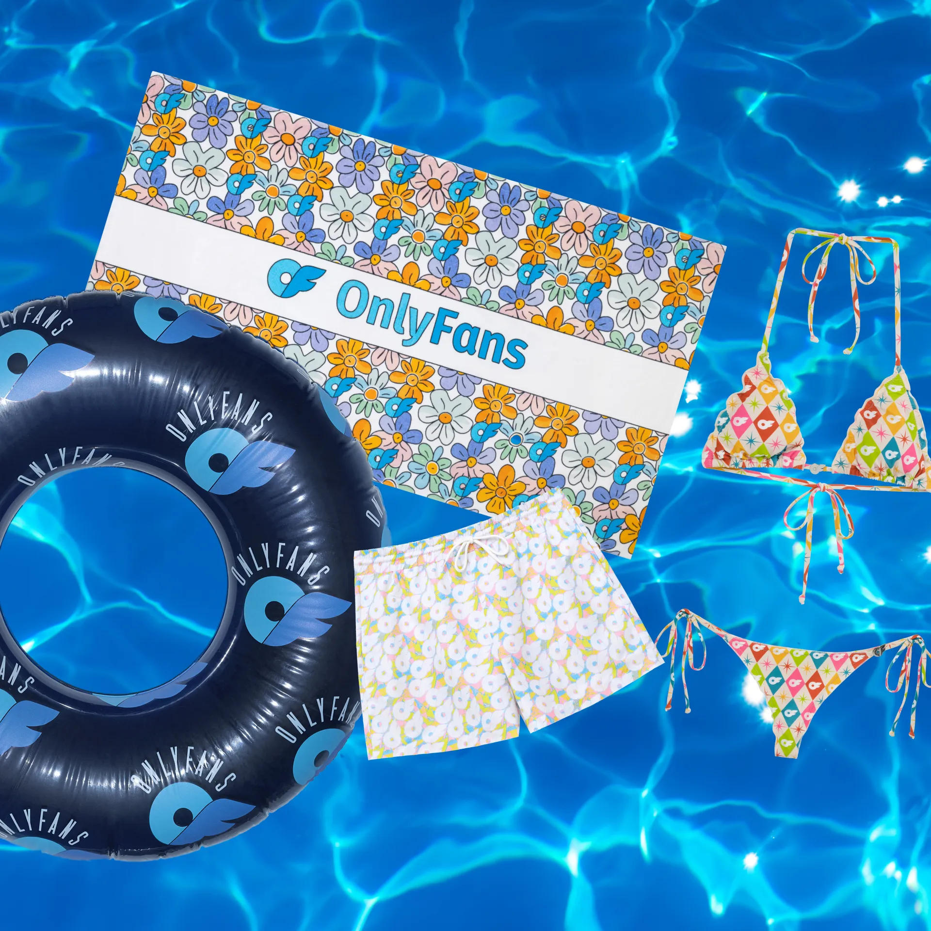 Endless Summer Collection: Poolside Perfection — a collage of Bikini (with Silver Metal Charms) — Palm Springs, Swim Trunks — Pastel, Pool Float — Blue Crush, Towel — Floral, Water Bottle available for sale at OF Merch