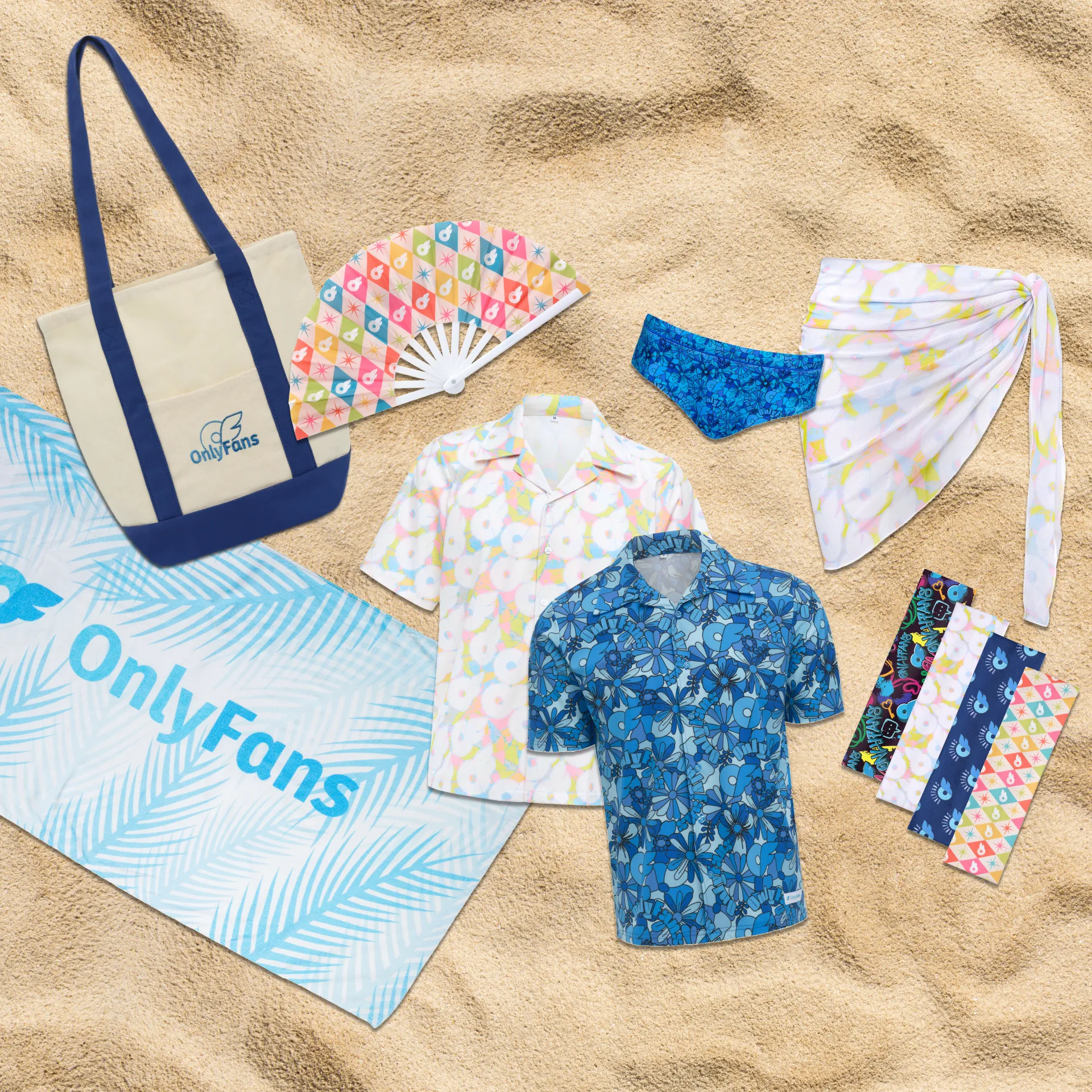 Endless Summer Collection: Tropical Paradise — a collage of Bikini Wrap — Pastel, Swim Briefs — Blue Bloom, Button Up Shirt — Blue Bloom, Towel — Palm Leaves, Button Up Shirt — Pastel, Market Bag / Summer Headband Bundle / Folding Hand Fan — Palm Springs