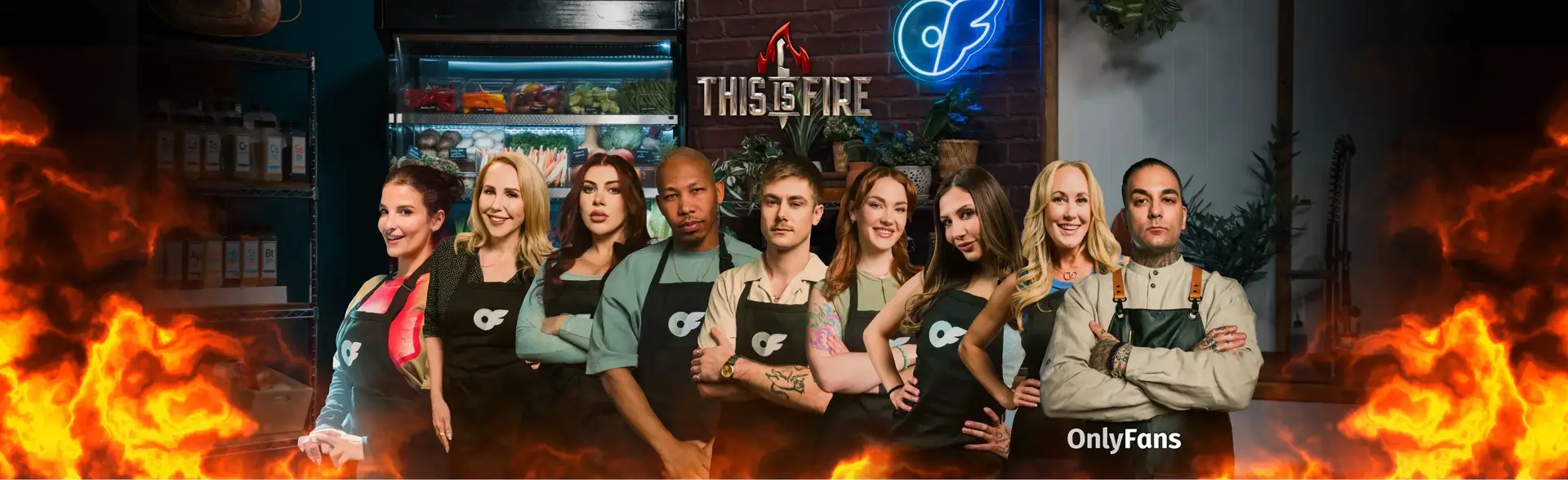 Meet the Cast of This Is Fire Season 7 — Chef Jojo and the contestants stand in the kitchen, facing camera