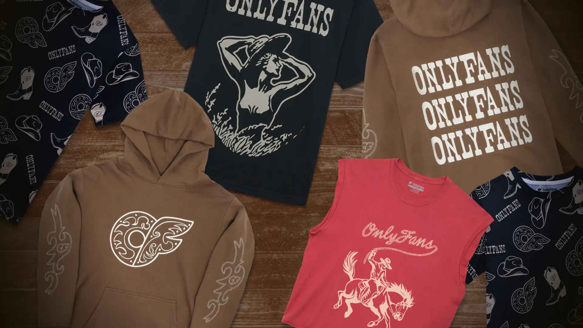 A collage of the tops & t-shirts in the OF Merch Western Capsule, including Western Hoodie, Cowgirl Tee, Red Muscle Tee & Patterned Tee - Western