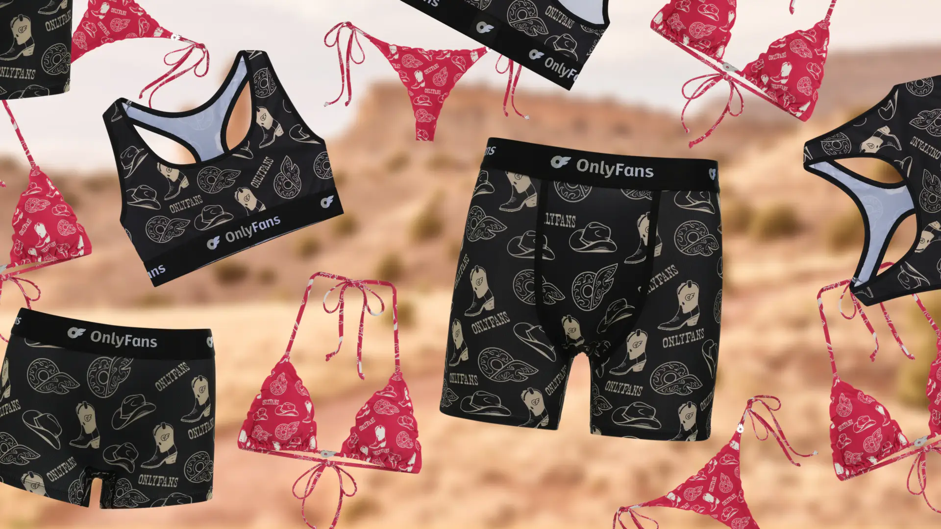 OF Merch Western Capsule Swim & Lounge items, including Bikini - Western, Stretch Lounge Bra - Western, Women's Boyshort - Western & Men's Boxer Brief - Western