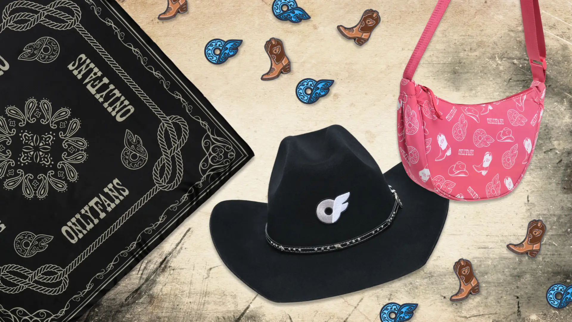OF Merch Western Capsule Accessories Collage featuring Western Purse, Bandana - Satin, Western Logo and Cowboy Boot Enamel Pins, Western Tattoo Pack, and Cowboy Hat