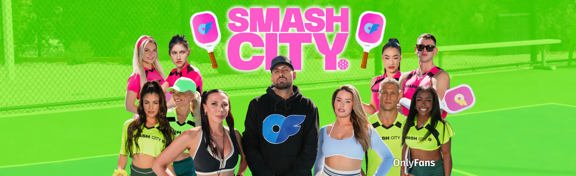 Nick Kyrgios, Sophie Stonehouse, and Rachel Starr stand with 8 OnlyFans creators on a pickleball court for Smash City’s Season One tournament.