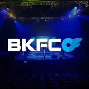 BKFC and OnlyFans logos over a darkened bare-knuckle boxing arena lit with blue stage lights