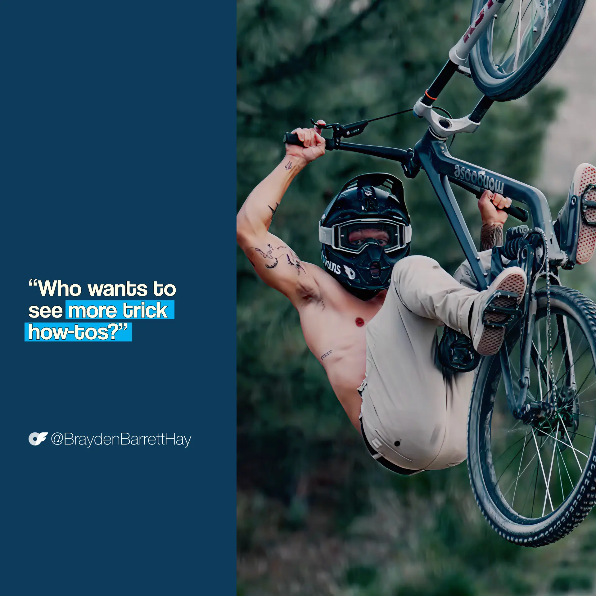 Australian mountain biker Brayden Barrett-Hay performs an upside-down bike trick while wearing a full-face helmet and holding onto his mountain bike midair. On-screen quote reads, “Who wants to see more trick how-tos?” — @BraydenBarrettHay
