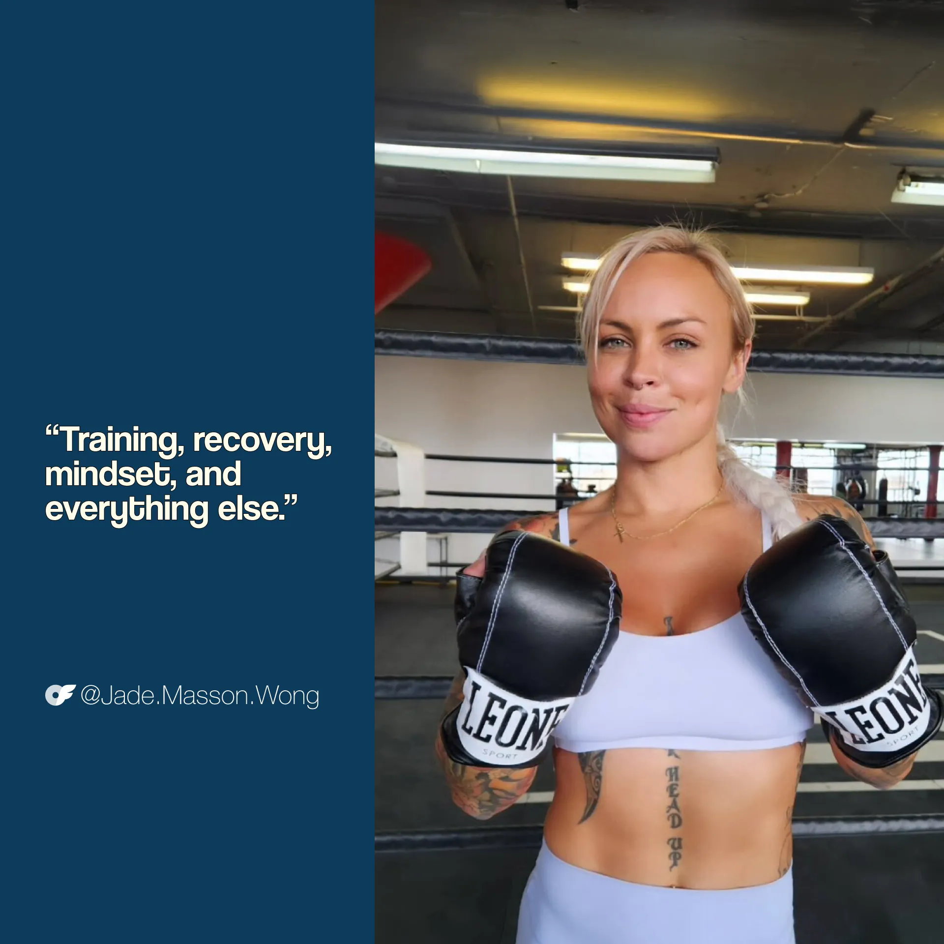 Combat sports athlete Jade Masson-Wong smiles inside a boxing gym while wearing boxing gloves and training gear. The graphic includes the quote, “Training, recovery, mindset, and everything else.” and her OnlyFans handle, @Jade.Masson.Wong.