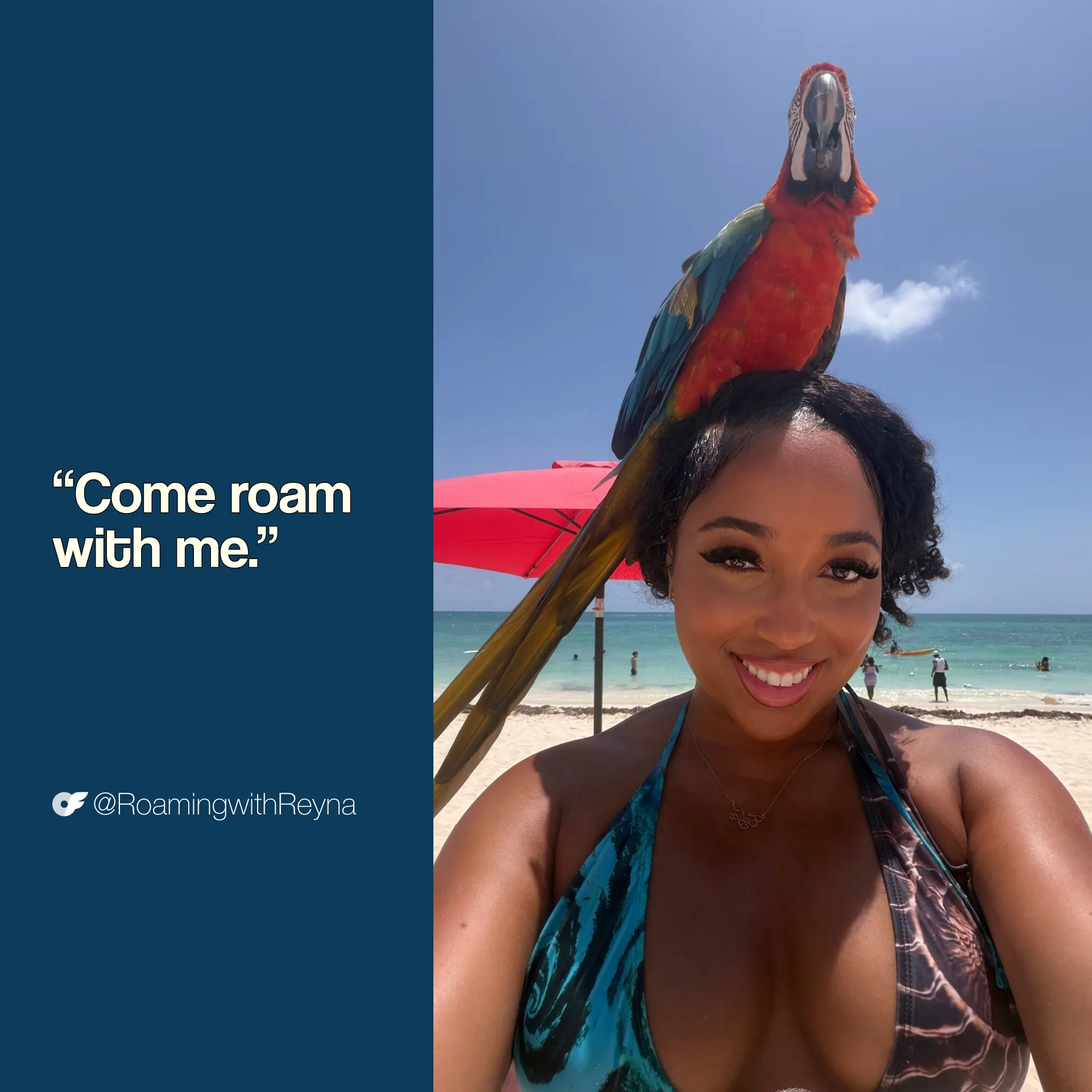 Reyna_AllScreenSizes_1920x1920 V 3 Reyna from Roaming With Reyna smiling on a beach with the quote “Come roam with me.”