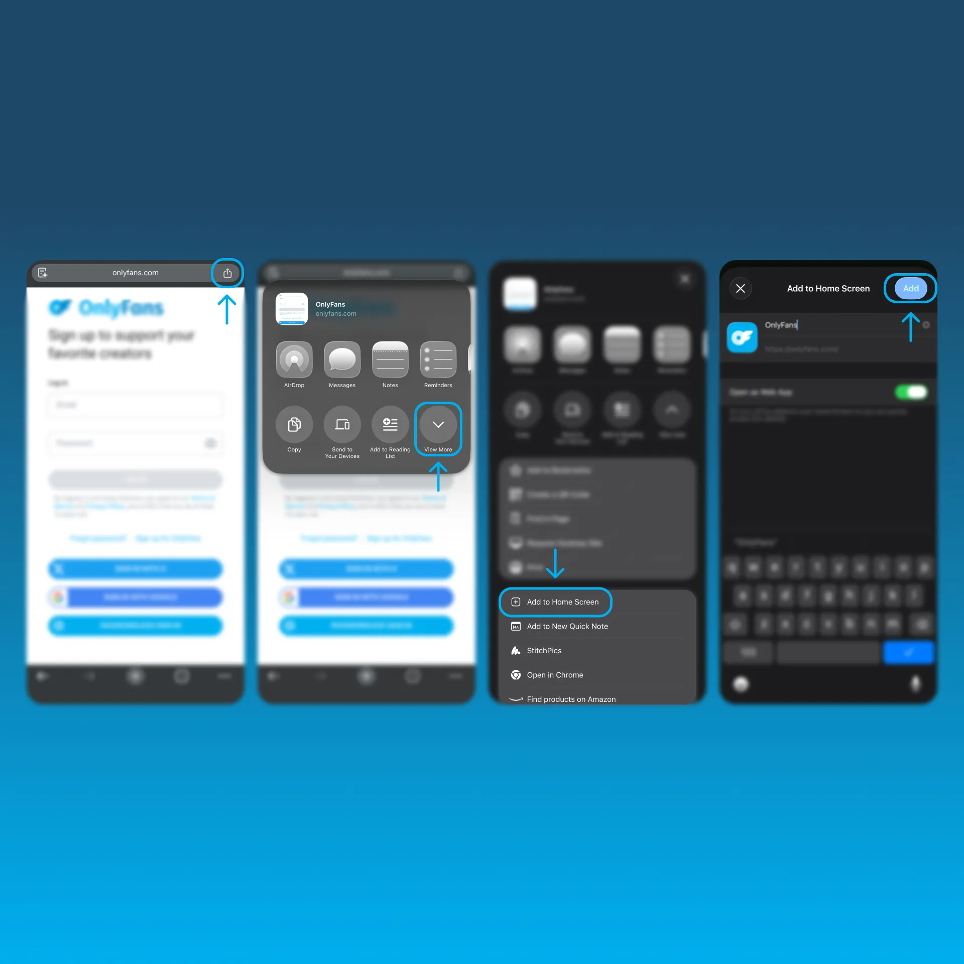 Step-by-step screenshots showing how to add OnlyFans to the home screen using Chrome on iPhone or iPad by tapping the Share button, selecting “View More,” choosing “Add to Home Screen,” and tapping “Add.”