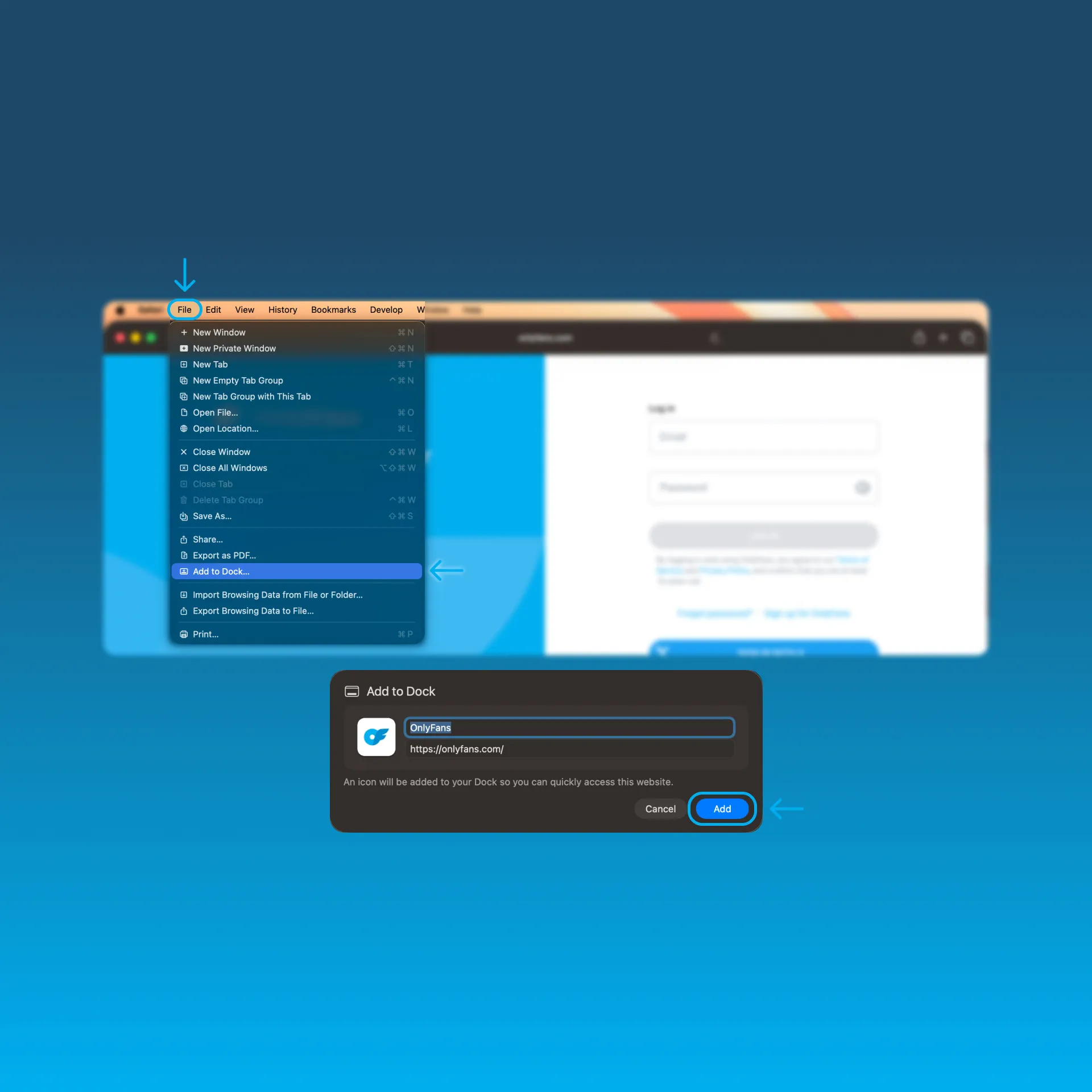 Screenshot showing how to add OnlyFans to the Mac Dock in Safari by opening the File menu, selecting “Add to Dock,” and confirming by clicking “Add.”