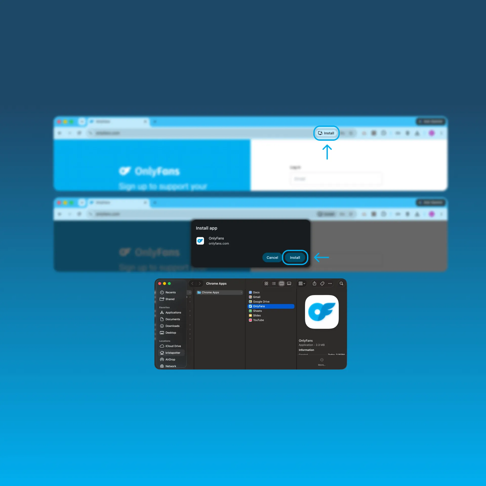 Step-by-step screenshots showing how to install OnlyFans as a Chrome web app by clicking the Install icon in the address bar, confirming the installation, and accessing the OnlyFans app from the Chrome Apps folder.