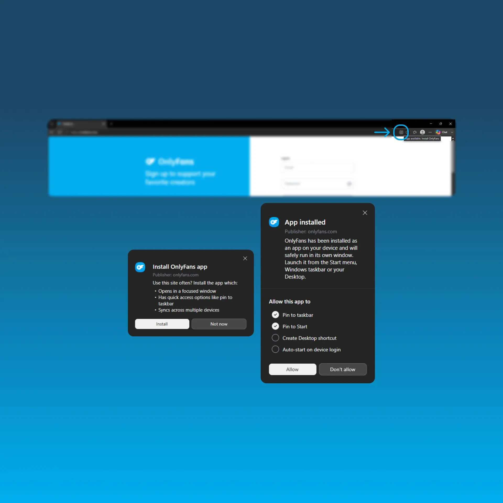 Step-by-step screenshots showing how to install OnlyFans as an app in Microsoft Edge by clicking the install icon in the address bar, confirming the installation, and selecting app permissions after installation.