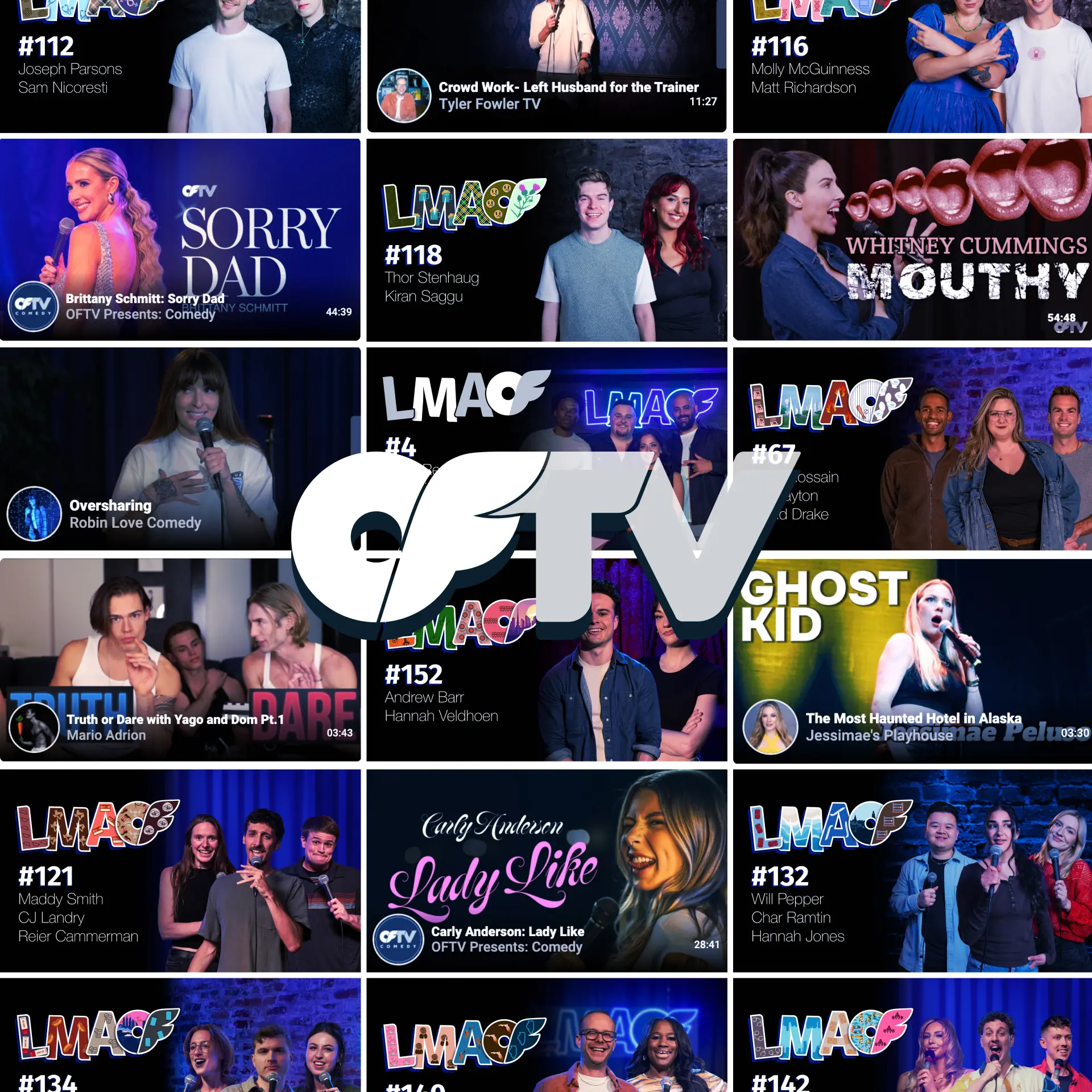 Collage of OFTV comedy series and LMAOF episode thumbnails featuring stand-up comedians and comedy specials.